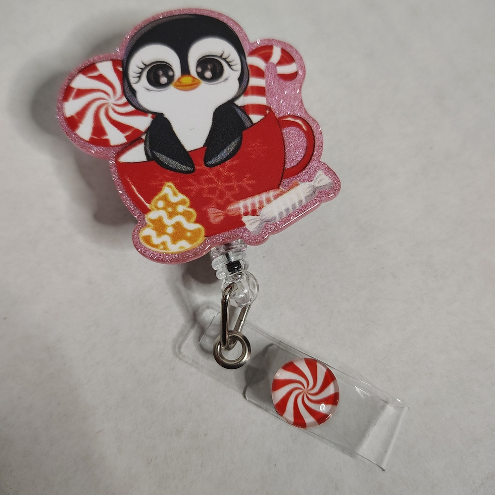 Penguin Candy Cane Peppermint Christmas Retractable Badge Reel Work Id Holder